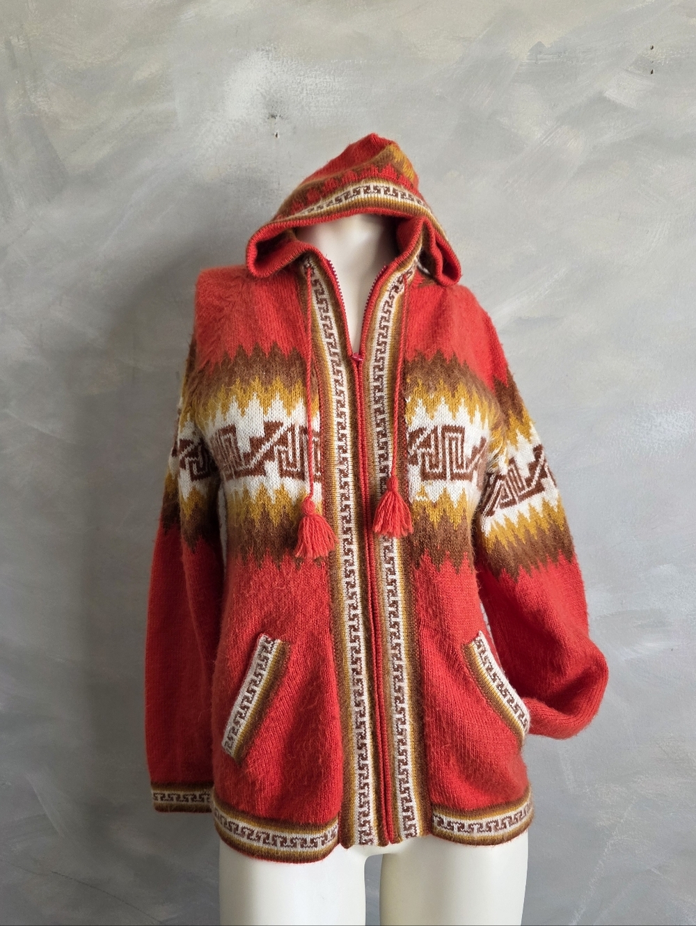 Aztec Boho Alpaca Style Full Zip Hooded Cardigan Sweater Jacket Unisex Ethnic